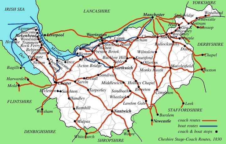 A map of stage-coach routes in Cheshire.