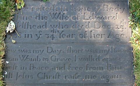 Jane Addshead's grave, Dukinfield Old Chapel, Cheshire.