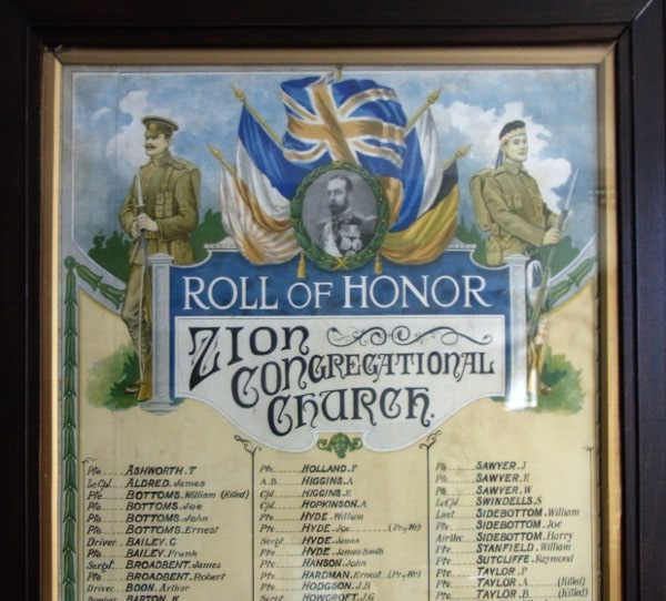WW1 Roll of Honour, Zion Congregational Church, Hyde