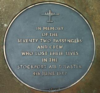 Memorial to the Stockport Air Disaster, 1967.