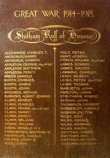 WW1 Roll of Honour, Statham, Cheshire.